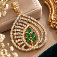 Elegant Emerald Green Pendant Set with Earrings & Chain