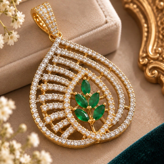 Elegant Emerald Green Pendant Set with Earrings & Chain