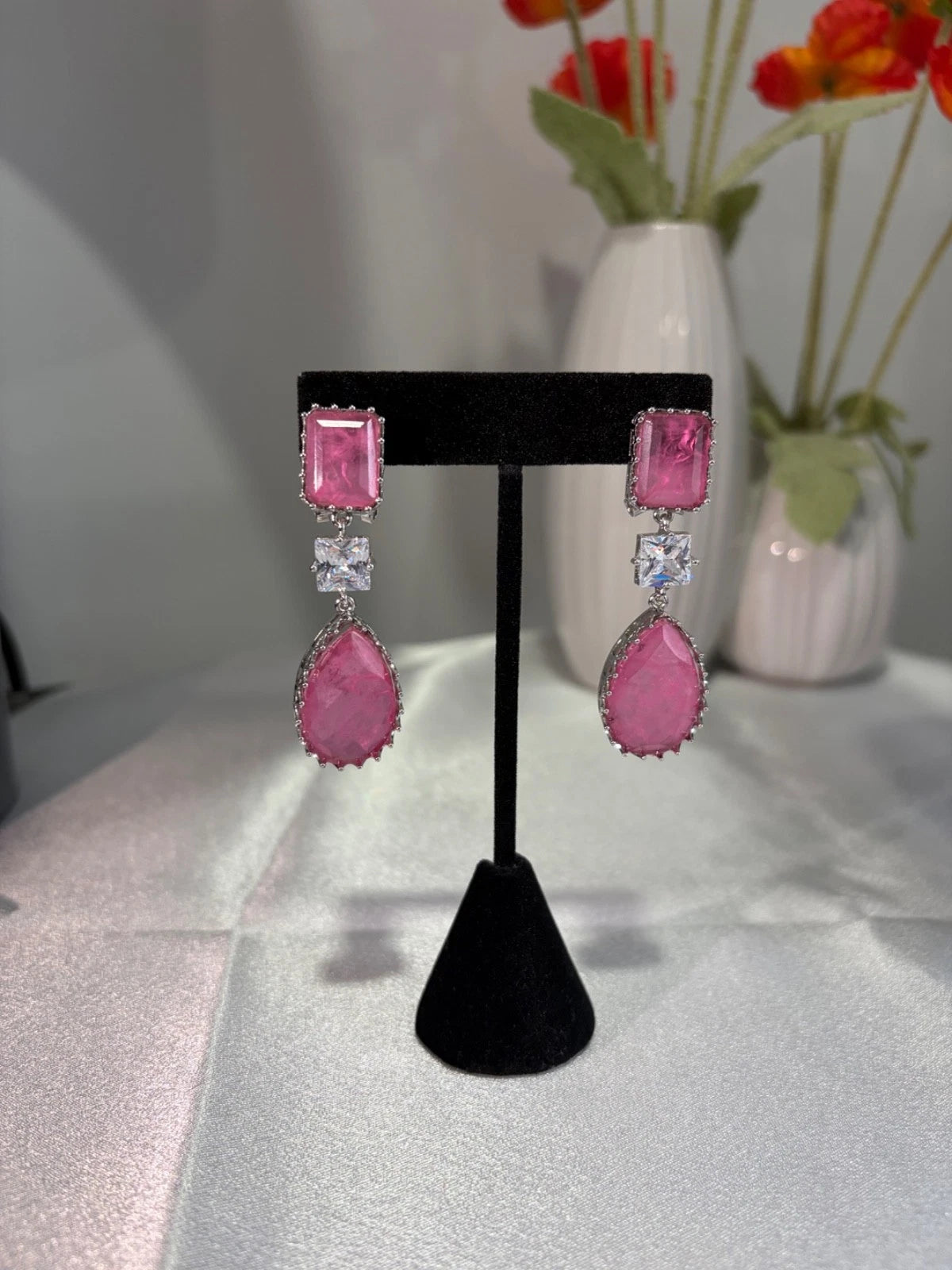 Pink CZ Silver Tone Drop Earrings Indian Pakistani Statement Jewelry