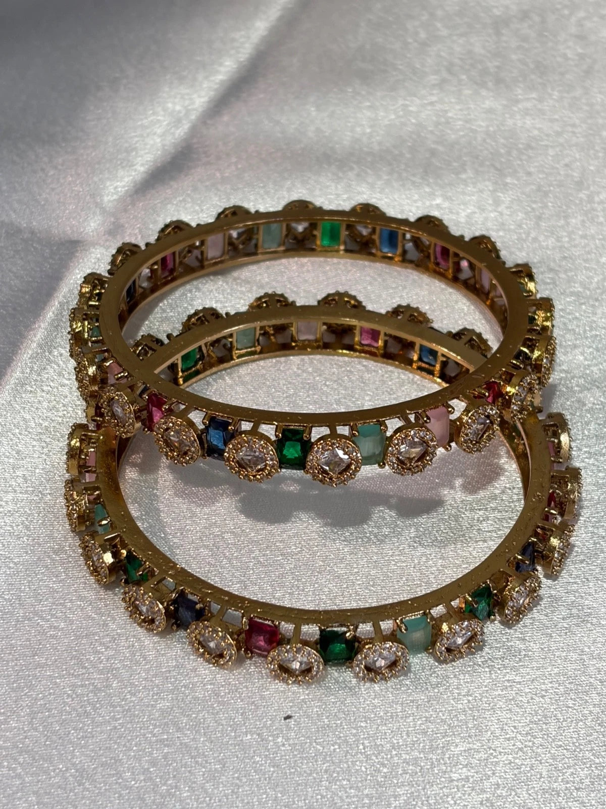 Multicolor CZ Gold Tone Bangle Set Size 2.10 Pakistani Indian Bridal Party Jewel