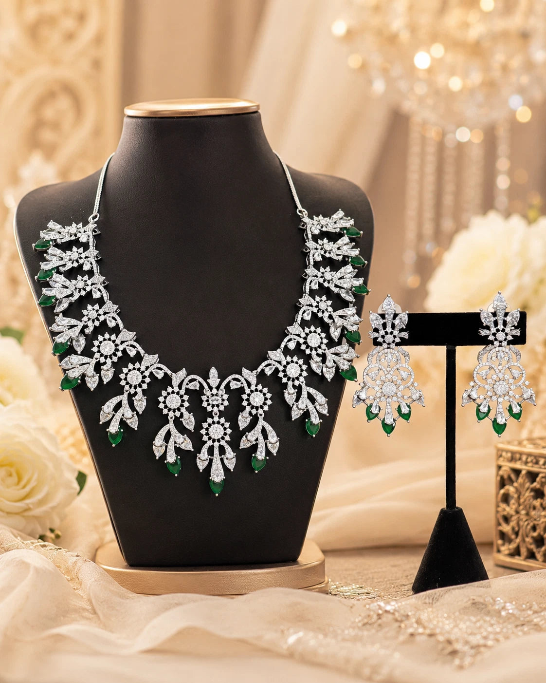 Emerald Green CZ Crystal Silver Necklace Earrings Set Indian Bridal Jewelry