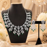 Emerald Green CZ Crystal Silver Necklace Earrings Set Indian Bridal Jewelry