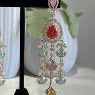 Multicolor CZ Gold Tone Chandelier Earrings Pakistani Indian Bridal Jewelry