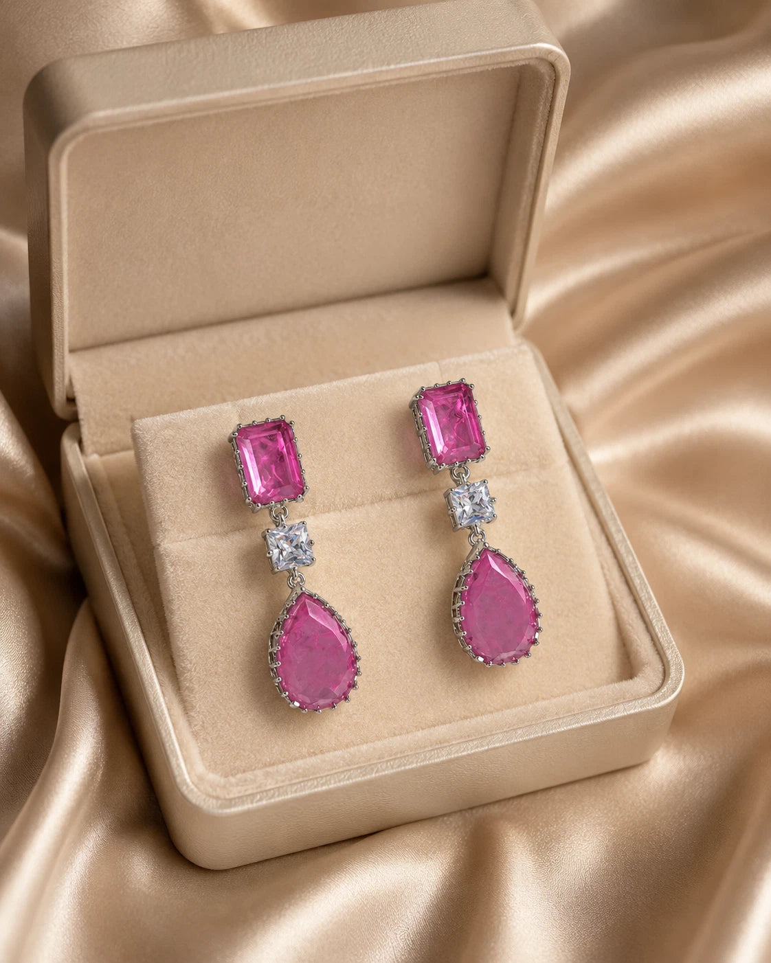 Pink CZ Silver Tone Drop Earrings Indian Pakistani Statement Jewelry
