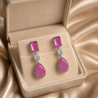 Pink CZ Silver Tone Drop Earrings Indian Pakistani Statement Jewelry