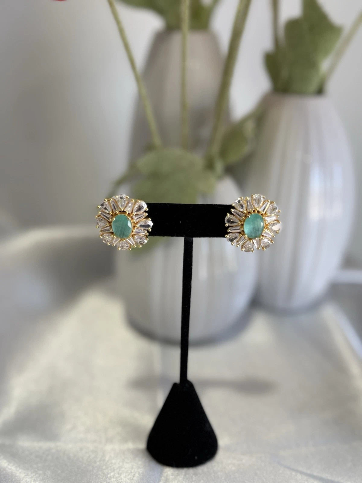 Mint Green CZ Round Stud Earrings Gold Tone Party Jewelry