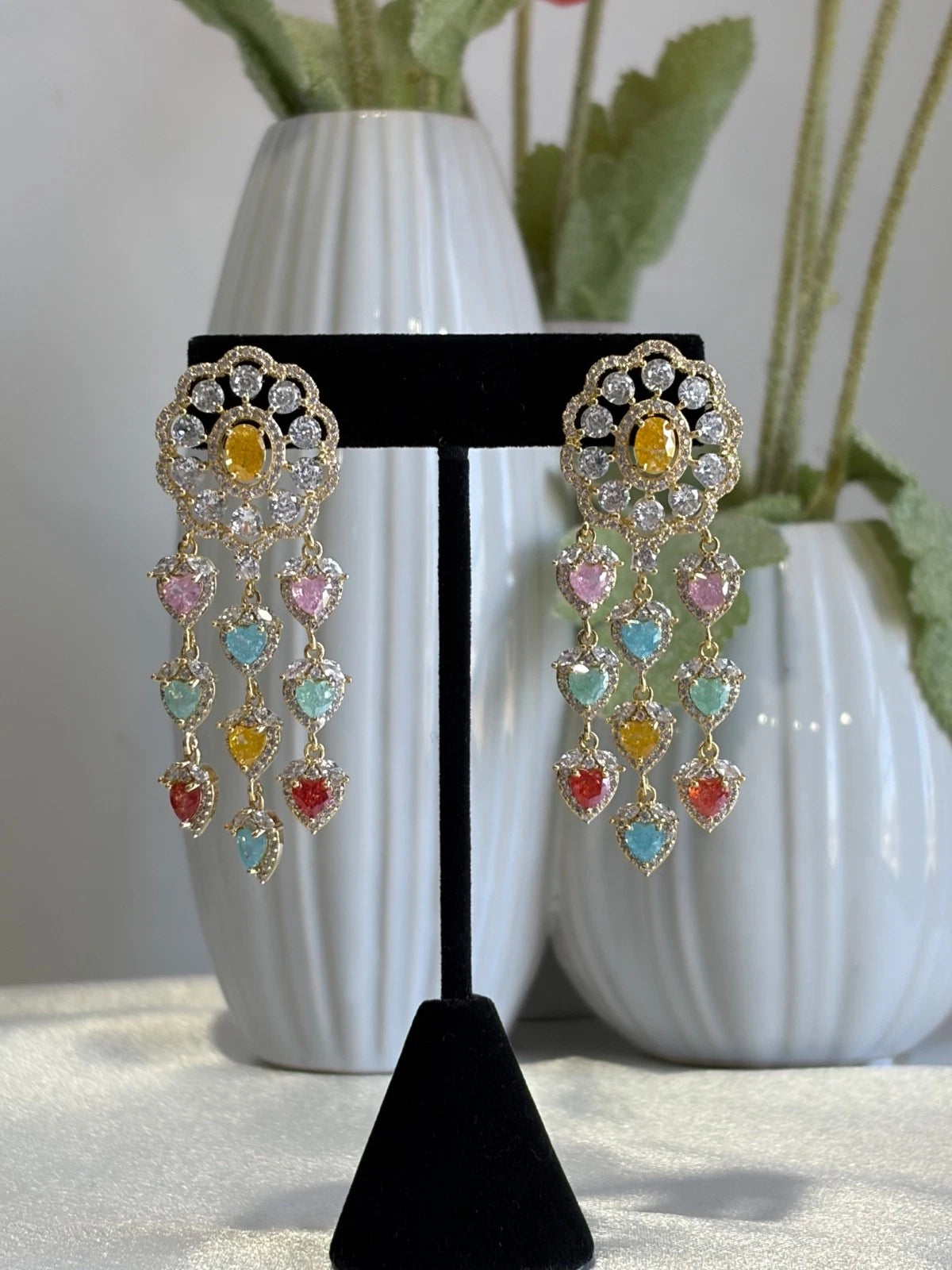 Multicolor Heart CZ Gold Tone Chandelier Earrings Pakistani Indian Jewelry