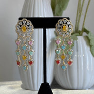Multicolor Heart CZ Gold Tone Chandelier Earrings Pakistani Indian Jewelry