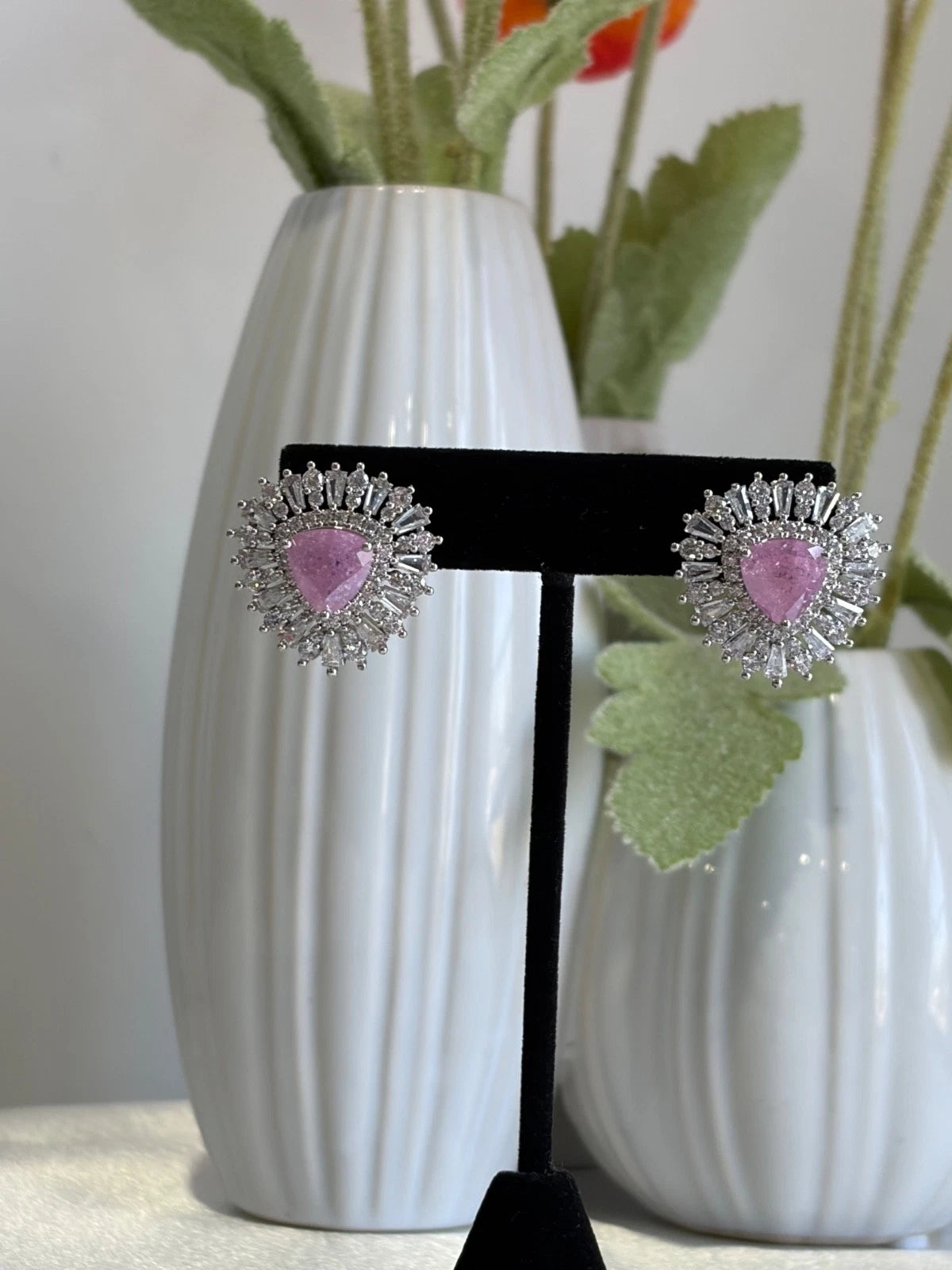 Pink & Green Stone Halo Stud Earrings Silver Tone CZ Statement Jewelry