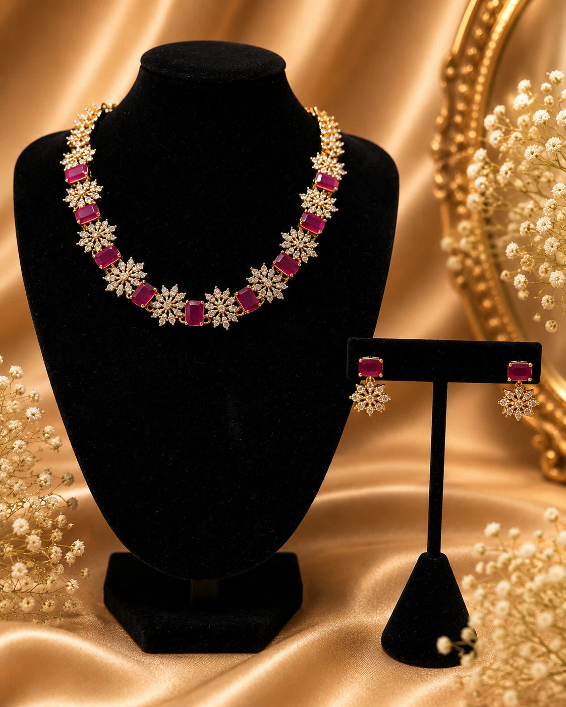 Elegant Pink Crystal Necklace & Earrings Set