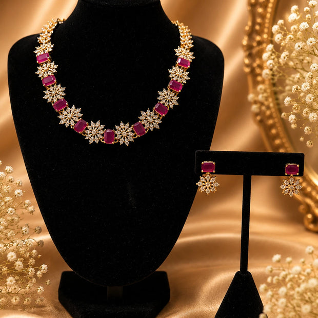 Elegant Pink Crystal Necklace & Earrings Set