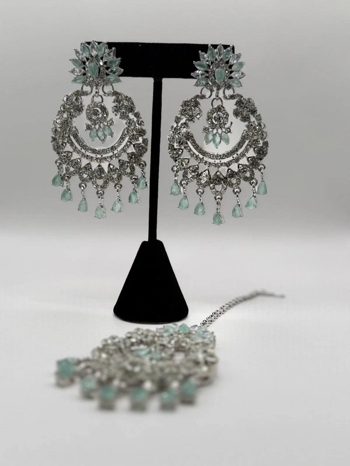 Mint Green Crystal Chandbali Earrings and Tikka