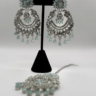 Mint Green Crystal Chandbali Earrings and Tikka