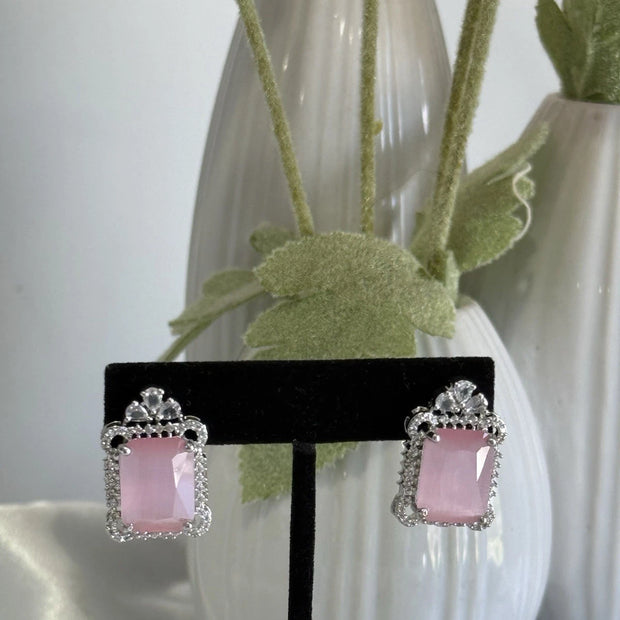 Baby Pink CZ Rectangle Stud Earrings Silver Tone Party Jewelry