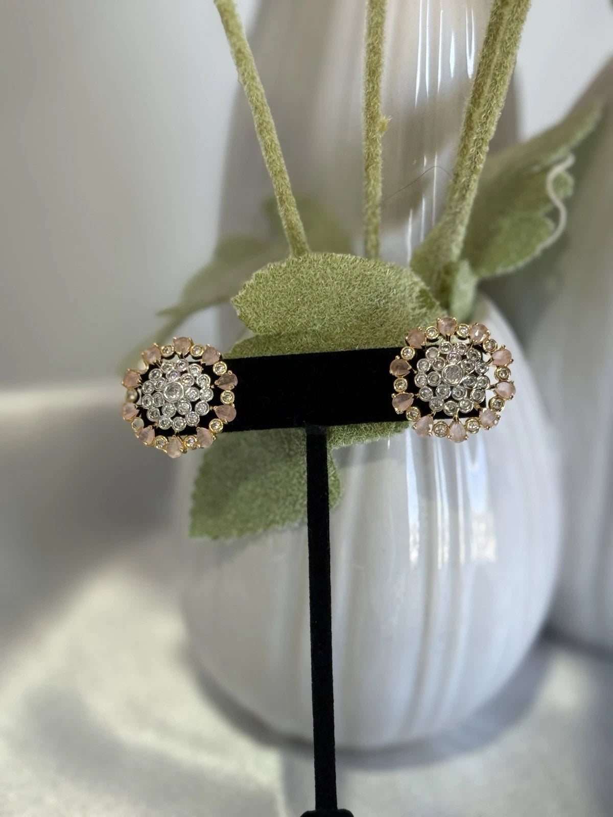 Baby Pink CZ Floral Stud Earrings Gold Tone Party Jewelry