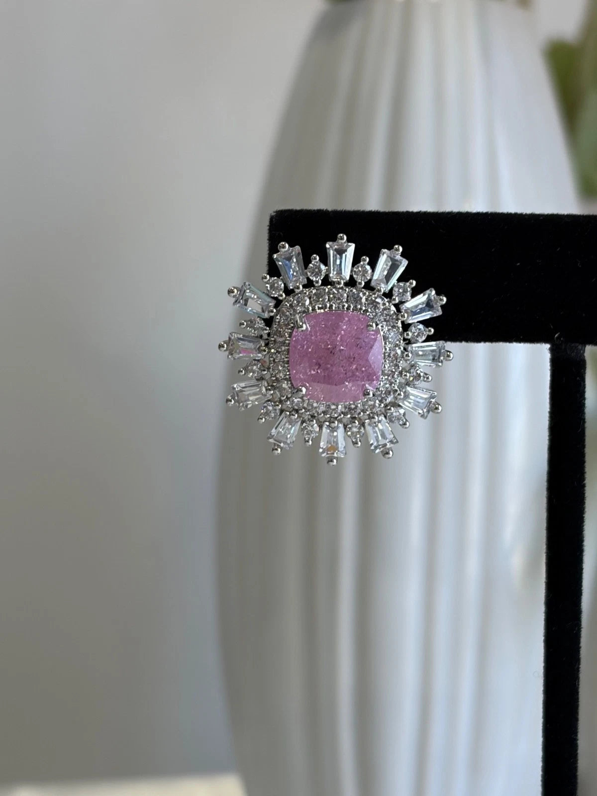 Pink Stone CZ Silver Tone Halo Stud Earrings Pakistani Indian Jewelry