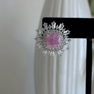 Pink Stone CZ Silver Tone Halo Stud Earrings Pakistani Indian Jewelry