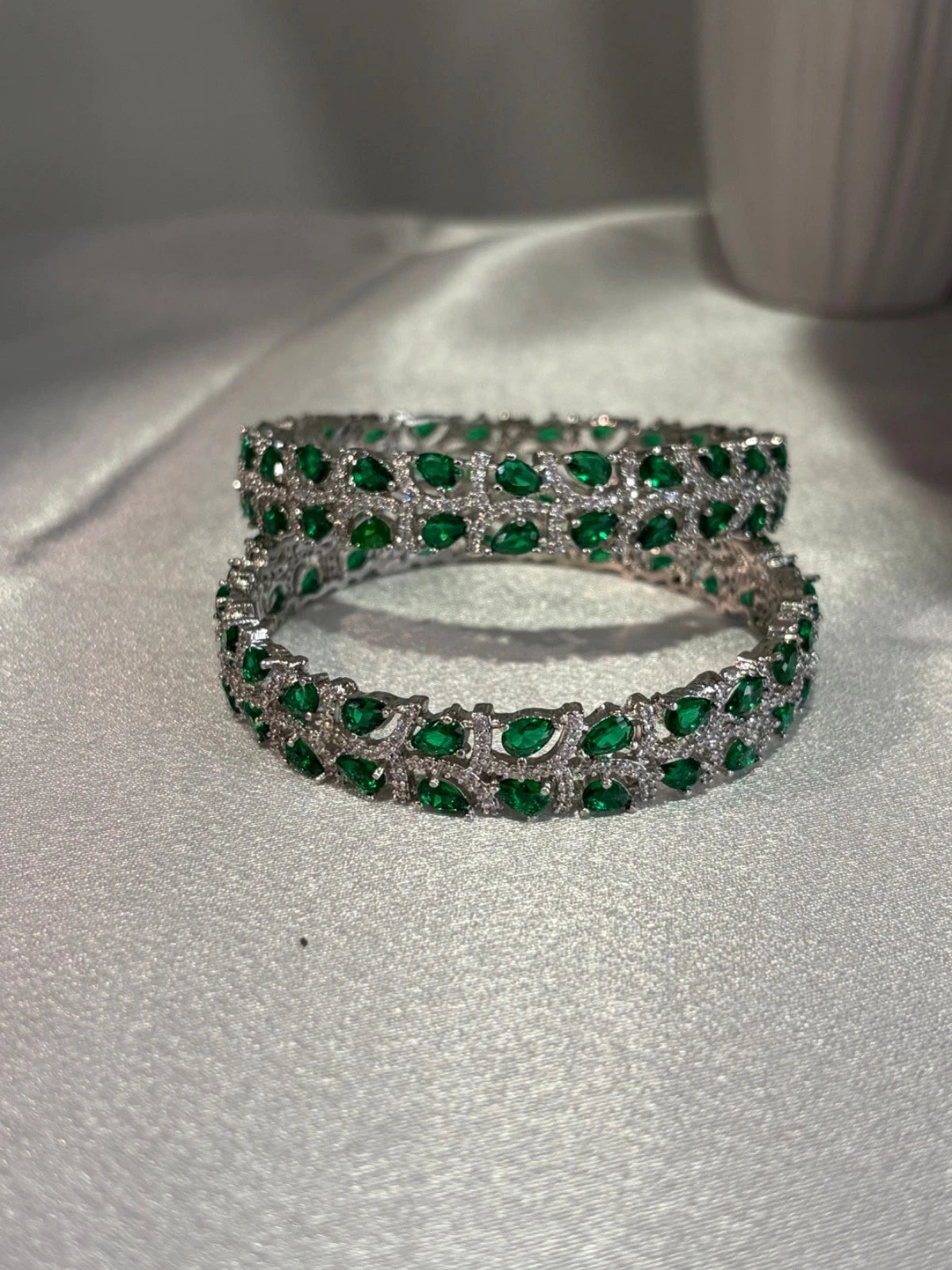 Emerald Green Silver Tone CZ Bangle Set Indian Pakistani Bridal Jewelry
