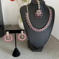 Pink CZ Gold Tone Necklace Earrings Tikka Set Indian Pakistani Bridal Jewelry