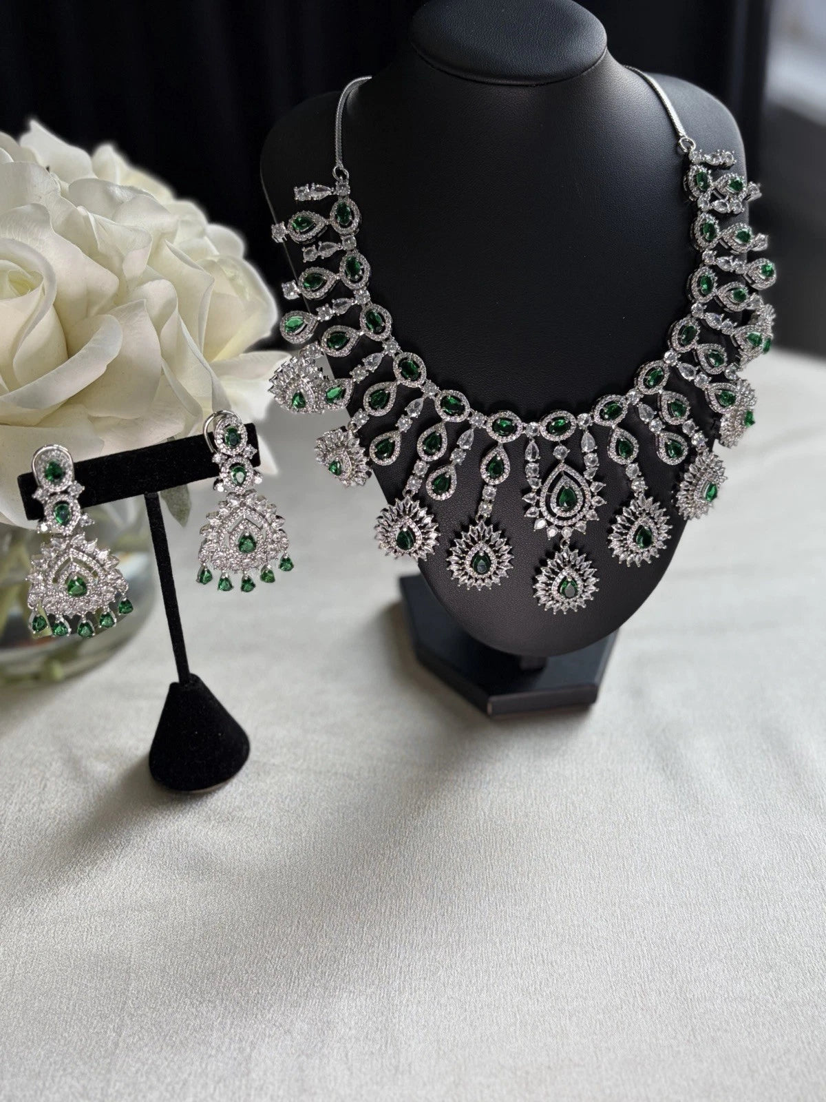 Emerald Cascade CZ Bridal Necklace Set