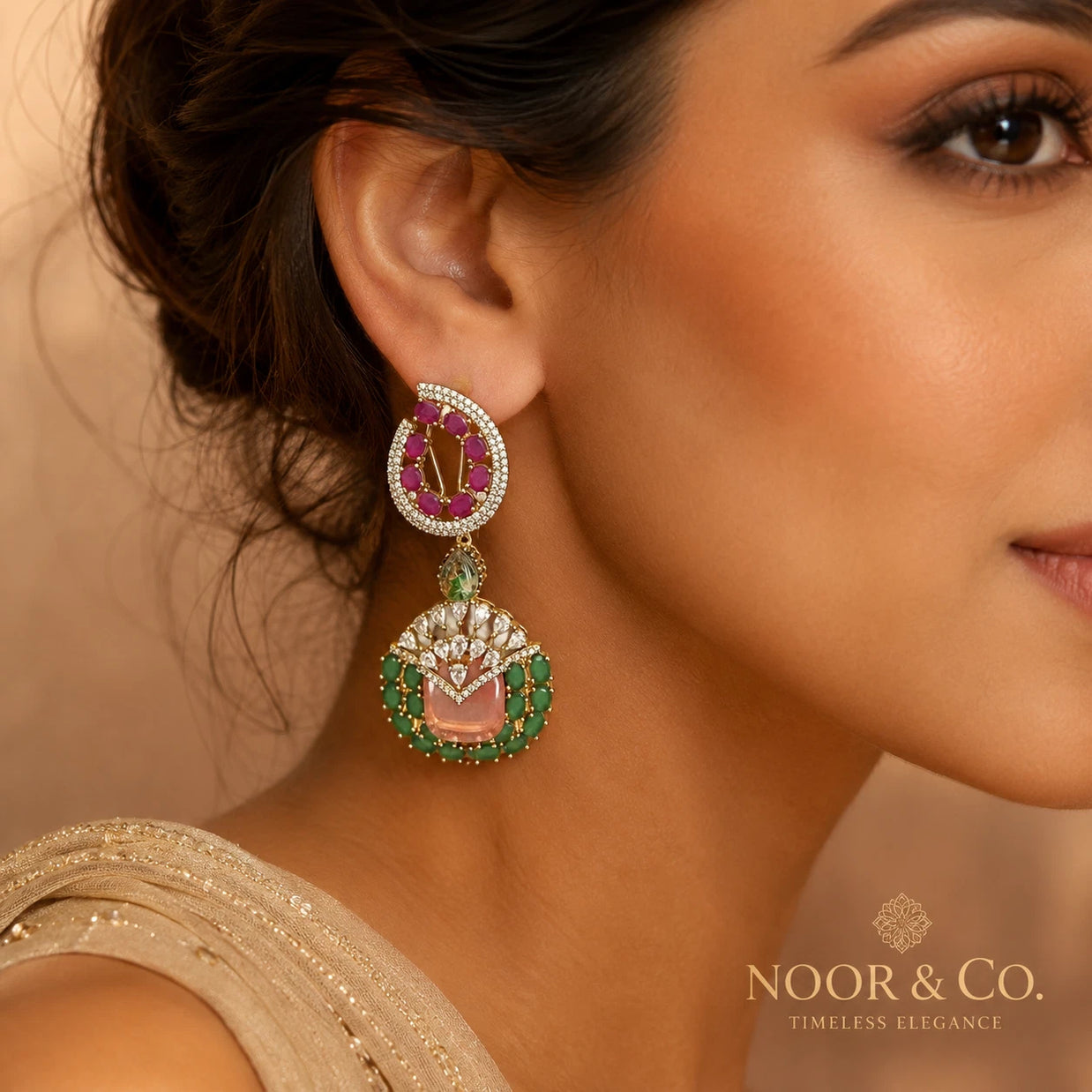 Luxury Pink & Green Statement Earrings | Pakistani Jewelry | Bridal Earrings