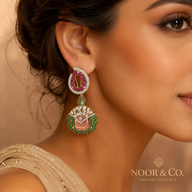 Luxury Pink & Green Statement Earrings | Pakistani Jewelry | Bridal Earrings