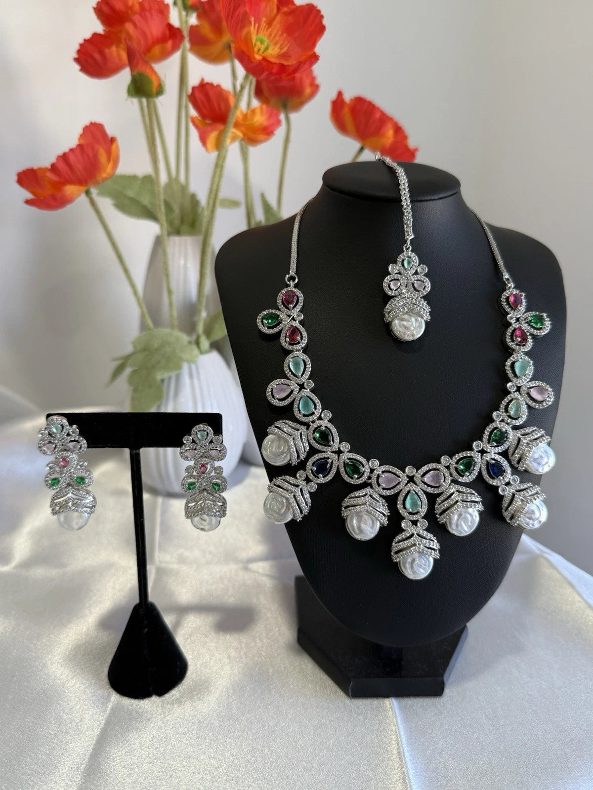 Multicolor CZ Pearl Necklace Earrings Tikka Set Silver Tone Jewelry