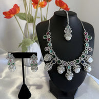 Multicolor CZ Pearl Necklace Earrings Tikka Set Silver Tone Jewelry