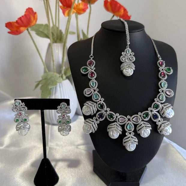 Multicolor CZ Pearl Necklace Earrings Tikka Set Silver Tone Jewelry