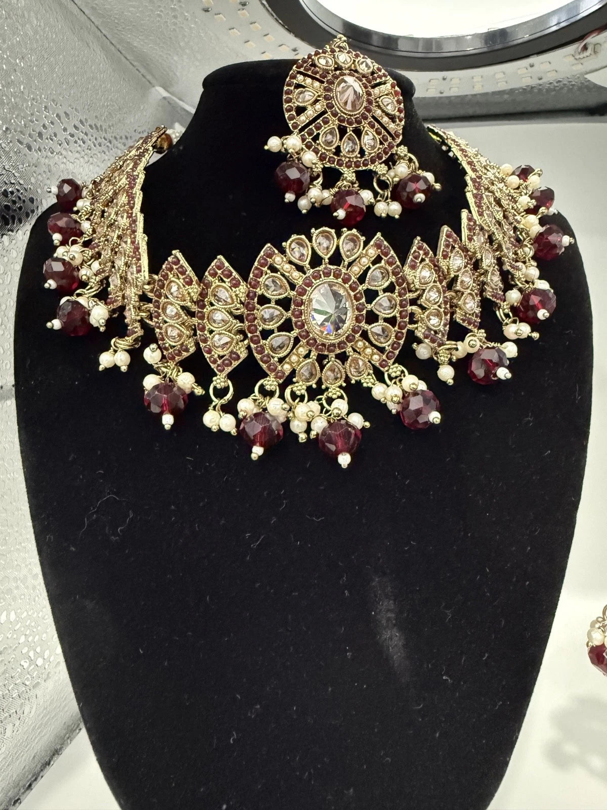 Maroon & Gold Traditional Jewelry Set with Matching Earrings