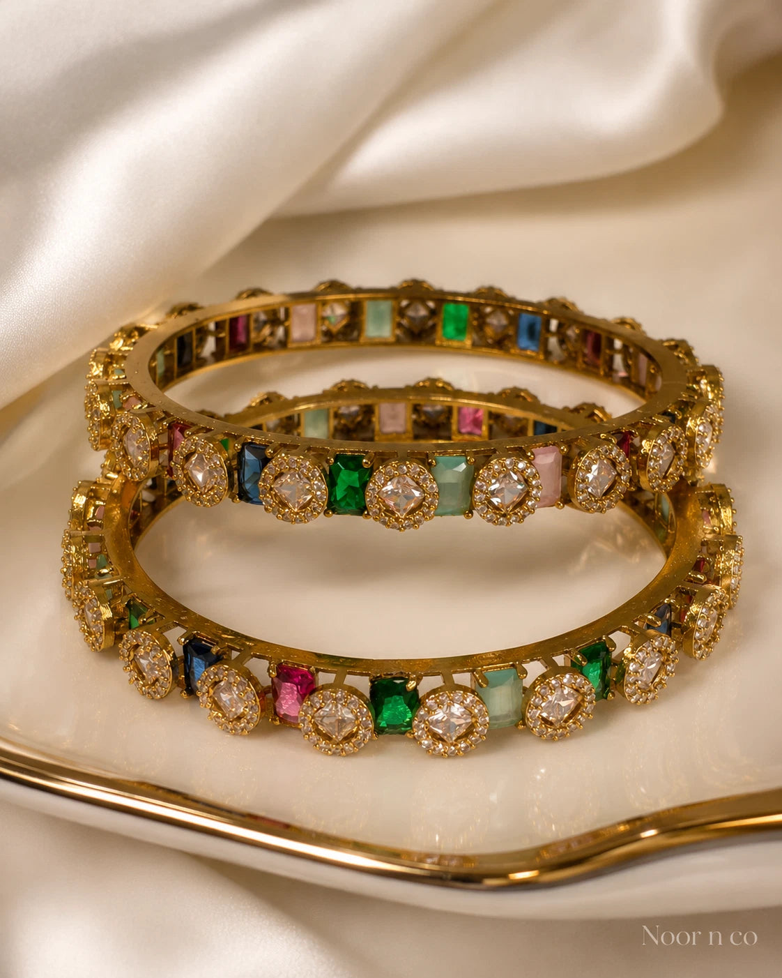 Multicolor CZ Gold Tone Bangle Set Size 2.10 Pakistani Indian Bridal Party Jewel