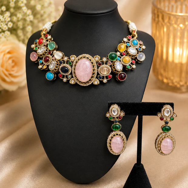 Sabyasachi Inspired Necklace Earrings Set | Pink Stone Multicolor Gem Bridal Jew