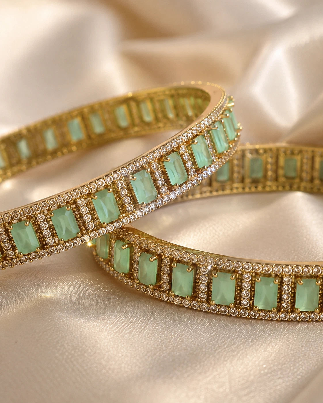 Mint Green CZ Gold Tone Bangle Bracelet Set of 2 Indian Pakistani Jewelry 2.10