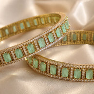 Mint Green CZ Gold Tone Bangle Bracelet Set of 2 Indian Pakistani Jewelry 2.10