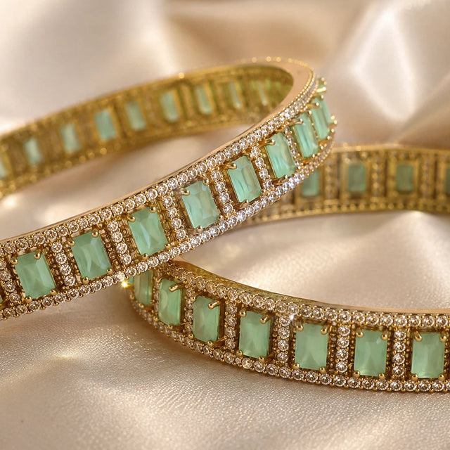 Mint Green CZ Gold Tone Bangle Bracelet Set of 2 Indian Pakistani Jewelry 2.10