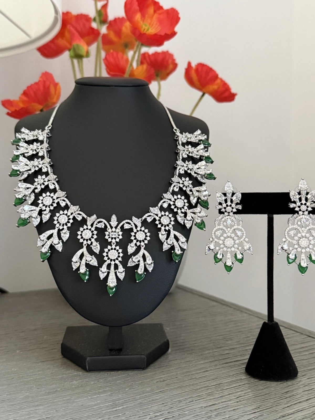 Emerald Green CZ Crystal Silver Necklace Earrings Set Indian Bridal Jewelry