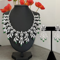Emerald Green CZ Crystal Silver Necklace Earrings Set Indian Bridal Jewelry