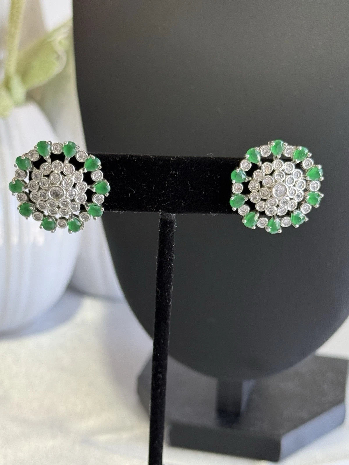 Emerald Green CZ Floral Stud Earrings Silver Tone Party Jewelry