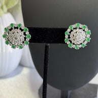 Emerald Green CZ Floral Stud Earrings Silver Tone Party Jewelry