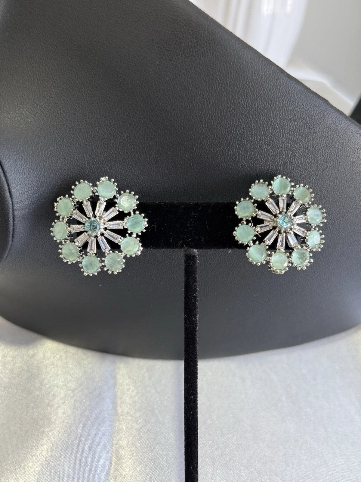 Mint Green CZ Floral Stud Earrings Silver Tone Pakistani Jewelry