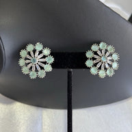 Mint Green CZ Floral Stud Earrings Silver Tone Pakistani Jewelry