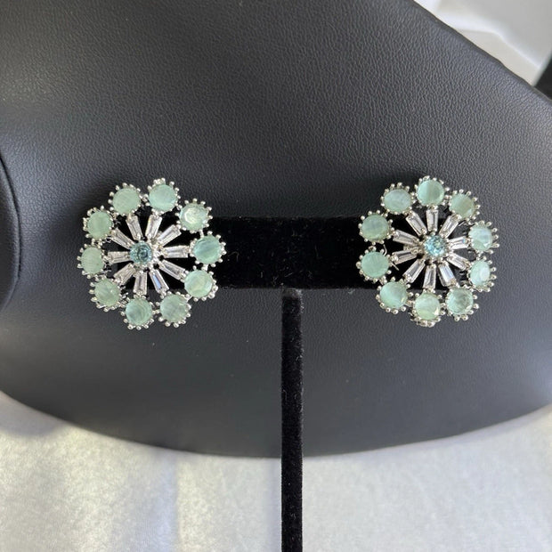 Mint Green CZ Floral Stud Earrings Silver Tone Pakistani Jewelry
