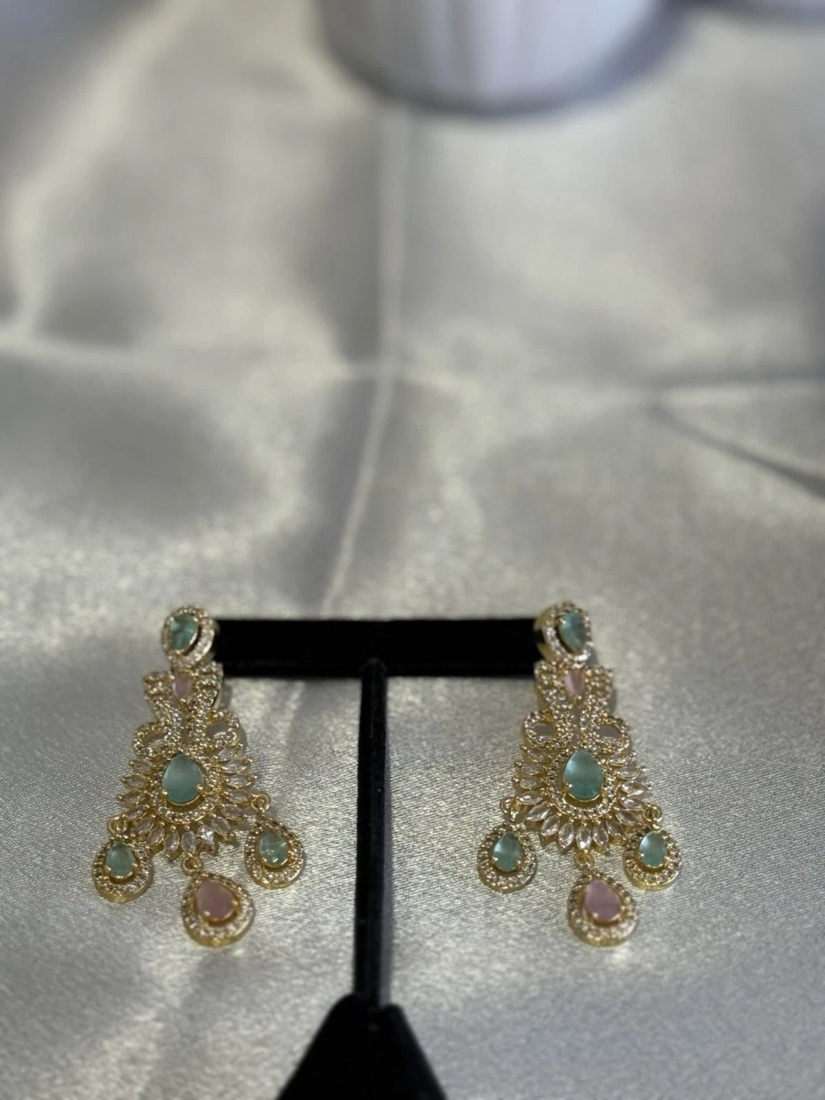 Gold Tone Mint Pink CZ Necklace Earrings Tikka Pakistani Jewelry Set