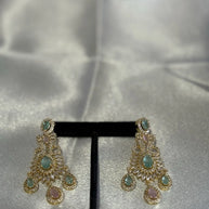 Gold Tone Mint Pink CZ Necklace Earrings Tikka Pakistani Jewelry Set