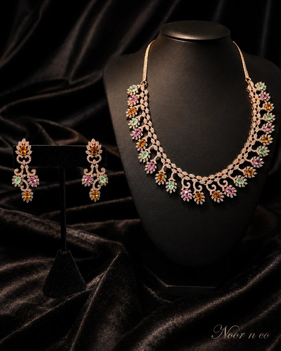 Rose Gold Multicolor CZ Necklace Earrings Set Indian Pakistani Bridal Jewelry
