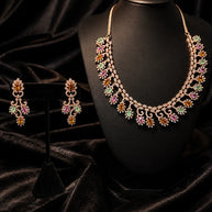 Rose Gold Multicolor CZ Necklace Earrings Set Indian Pakistani Bridal Jewelry