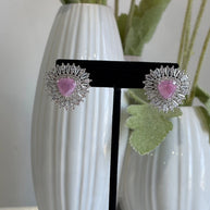 Pink & Green Stone Halo Stud Earrings Silver Tone CZ Statement Jewelry
