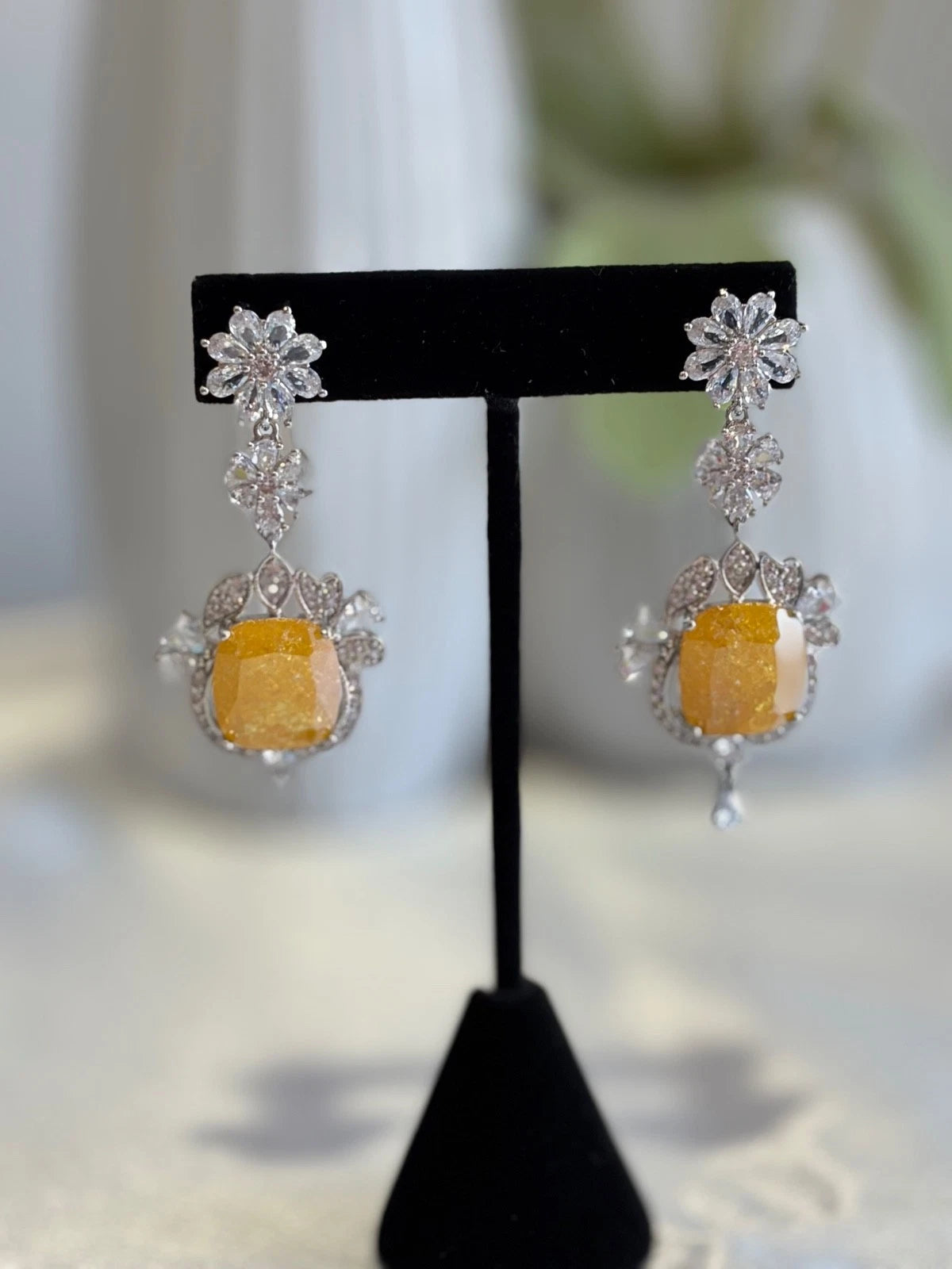 Yellow Stone CZ Silver Tone Drop Earrings Pakistani Indian Statement Jewelry