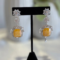 Yellow Stone CZ Silver Tone Drop Earrings Pakistani Indian Statement Jewelry