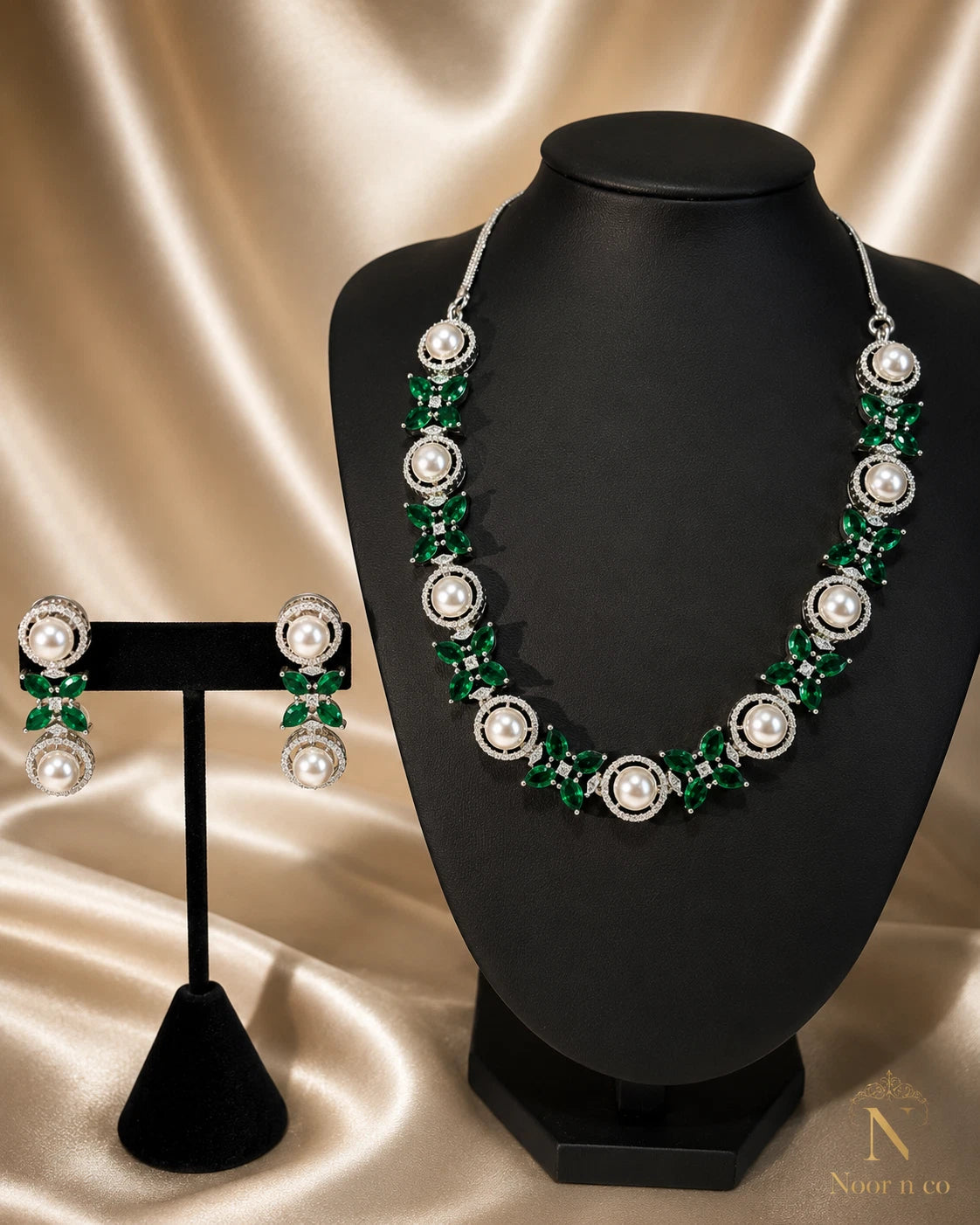 Emerald Green Pearl CZ Silver Tone Necklace Earrings Set